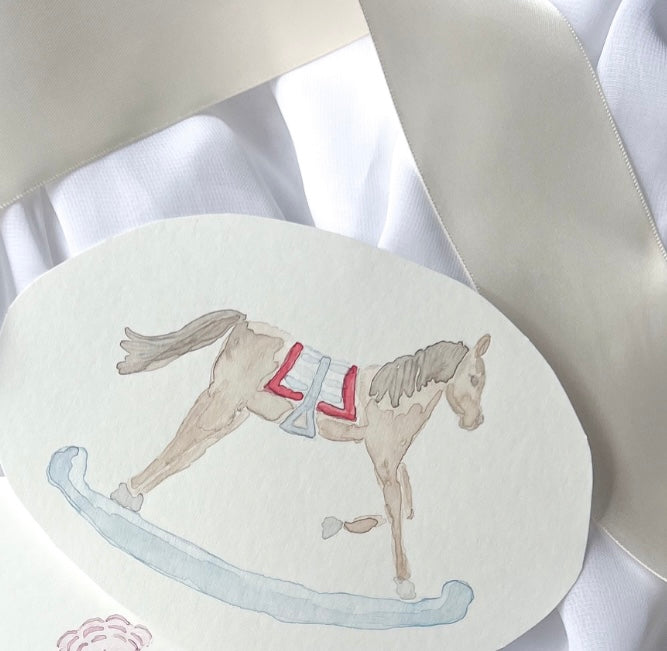 Train or Rocking Horse Print in a Custom Blue Bobbin Frame