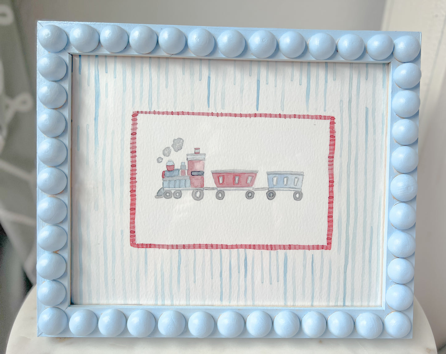 All Aboard Train Print in a Custom Blue Bobbin Frame